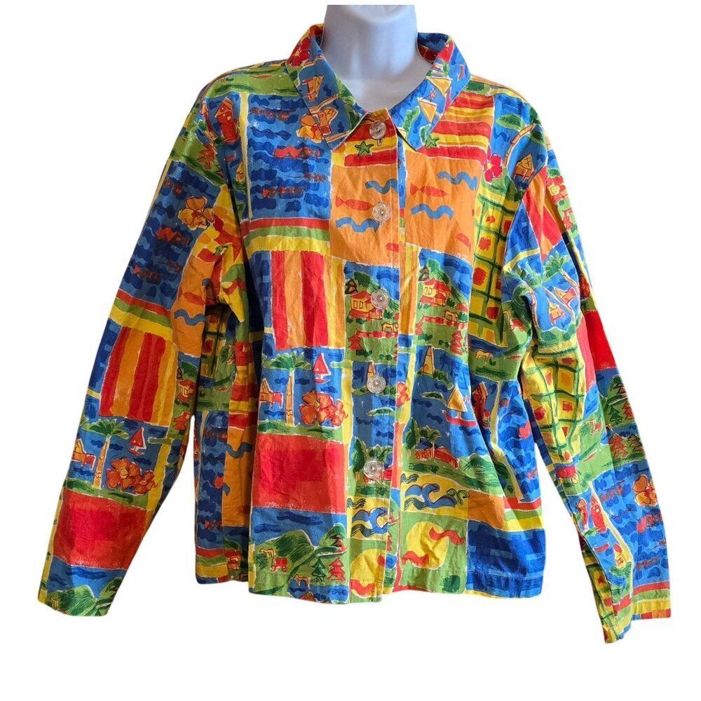 Coldwater Creek Colorful Patchwork Print Button-Up Shirt XL 100% Cotton